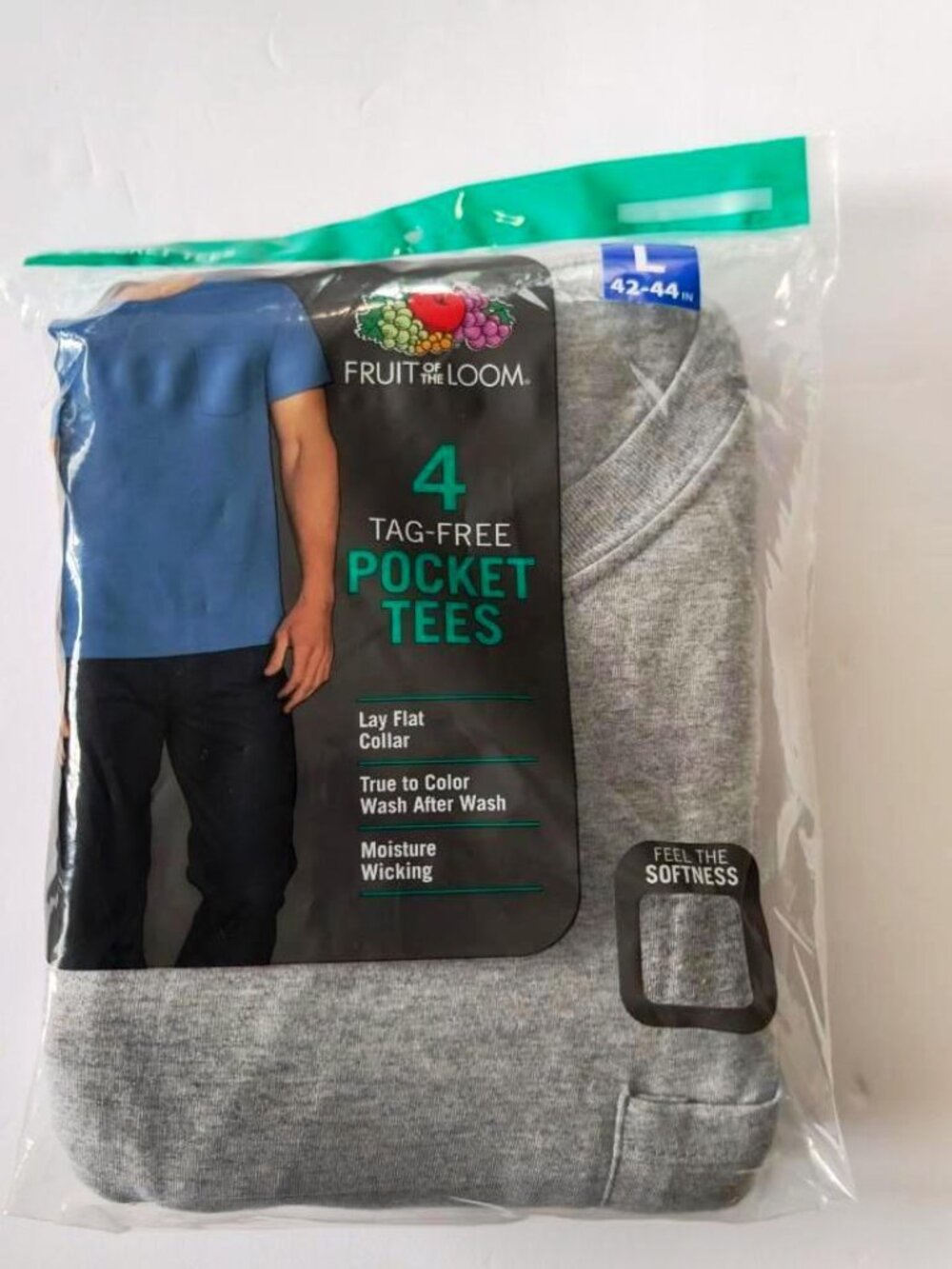 Fruit of the Loom Men's Lay Flat Pocket Tees 4 Pack, Gray, Sz M, L, 2XL - New